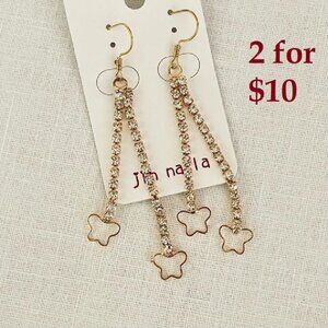 Dangling Butterfly Earrings by Jin Na La Nickel Free with Rhinestone Strands